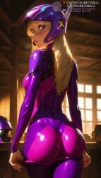 1girls ai_generated ass ass_support big_hero_6 big_hero_6:_the_series blonde_hair blurry blurry_background blush bodysuit breasts clothes_pull cowboy_shot disney from_behind green_eyes helmet honey_lemon indoors lips long_hair looking_at_viewer looking_back makeup marvel marvel_comics medium_breasts meitabuu nose parted_lips purple_bodysuit shiny_clothes skin_tight solo undressing unworn_headwear unworn_helmet window