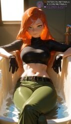 1girls ai_generated bath bathing bathtub belt belt_buckle black_belt black_gloves black_shirt breasts buckle claw_foot_bathtubkimberly_ann_possible closed_mouth crop_top cropped_shirt crossed_legs disney disney_channel faucet gloves green_eyes green_pants indoors kim_possible large_breasts lips long_hair looking_at_viewer medium_breasts meitabuu midriff mole_under_mouth navel orange_hair pants partially_submerged shirt short_sleeves sitting smile solo stomach sunlight taut_clothes taut_shirt turtleneck water window