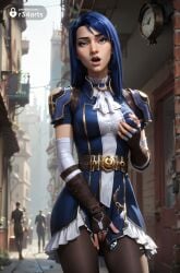 1girls ai_generated arcane arcane_caitlyn armor ascot belt blue_eyes blue_hair blurry breasts caitlyn_(league_of_legends) caitlyn_kiramman clock clothed_masturbation cowboy_shot elbow_gloves female_masturbation fingerless_gloves gloves grabbing_own_breast hi_res league_of_legends long_hair looking_at_viewer masturbation medium_breasts multiple_boys netflix open_mouth outdoors pantyhose r34arts riot_games short_sleeves shoulder_armor solo_focus standing white_ascot