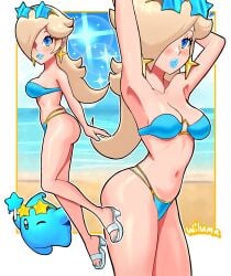 1girls alternate_version_available arms_behind_head ass big_breasts big_lips bikini bikini_bottom bikini_top bimbo blonde_hair blue_bikini blue_eyes blue_lips blue_lipstick blue_nail_polish blue_nails blush bottomwear breasts clothing ear_piercing earrings female female_focus footwear hair hair_over_one_eye half-closed_eyes headwear hips legs lips lipstick long_hair luma mario_(series) multiple_views nail_polish nails nintendo parted_lips princess_rosalina sandals side-tie_bikini sideboob sparkles star star_earrings sunglasses sunglasses_on_head thick_lips thighs toenail_polish toenails topwear wide_hips wiluma