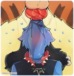 absurd_res animal_genitalia animal_penis anthro biped blue_body blue_fur bodily_fluids broken_collar canine_genitalia canine_penis clothing collar duo erection fur generation_4_pokemon genitals heart_symbol hi_res knot low-angle_view male nepentz nintendo oral oral_penetration penetration penile penile_penetration penis pokemon pokemon_(species) riolu saliva sex sheath simple_background tongue