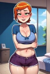 ai_generated ben_10 blush cleavage gwen_tennyson looking_at_viewer shy standing