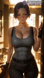 1girls abs ai_generated backlighting bare_shoulders belt belt_buckle black_belt black_gloves black_pants blurry_background blush breasts brown_eyes brown_hair buckle cleavage closed_mouth collarbone covered_navel cowboy_shot denim doorway female fingerless_gloves fingernails food gloves grey_shirt grey_tank_toplara_croft heart indoors lara_croft_(classic) large_breasts lips long_hair looking_at_viewer meitabuu nail_polish pants parted_bangs pink_nails plate ponytail pov_doorway shirt smile solo tank_top taut_clothes thigh_gap tight_clothes tomb_raider