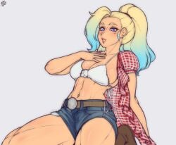 1girls blonde_hair blue_eyes blue_highlights female female_only gardnerverse hi_res kneeling ponytail randomboobguy simple_background smile solo tiffany_beckett tuft