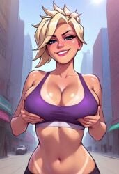 ai_generated blonde_hair looking_at_viewer looking_down mercy needmymommy overwatch shorts sports_bra