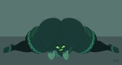 ahoge alien ass big_butt black_body black_fur black_skin bottom_heavy bubble_butt carne_(welwraith) claws clothing femboy finger_claws freckled_face freckles front_view fur gesture green_eyes green_markings green_sclera hair hand_gesture hi_res huge_butt humanoid hyper indynd legwear looking_at_viewer lying male markings nyctilian solo spread_legs spreading sweater tail tail_tuft thigh_highs toe_claws toothy_grin topwear tuft v_sign voluptuous_male