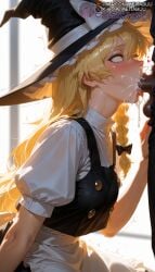 1boy 1girls ai_generated apron balls black_bow black_headwear black_vest blonde_hair blush bow braid breasts censored cum cum_in_mouth cum_in_nosemarisa_kirisame cum_on_tongue cum_overflow dark-skinned_male deepthroat ejaculation fellatio female from_side hair_between_eyes hairbow hat hat_bow heart kirisame_marisa long_hair male meitabuu oral penis puffy_short_sleeves puffy_sleeves rolling_eyes saliva shirt short_sleeves single_braid skirt solo_focus straight sweat symbol-shaped_pupils testicles tongue tongue_out touhou trembling vest waist_apron white_apron white_bow white_shirt witch_hat yellow_eyes