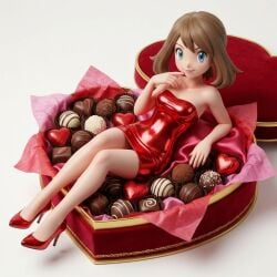 1girls 3d ai_generated blue_eyes brown_hair brunette_hair chocolate chocolate_box female female_focus female_only high_heels in_box leaning_back light_skin looking_at_viewer may_(pokemon) pokemon stiletto_heels touching_chin tubetop valentine's_day
