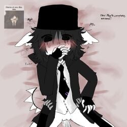 blushing_at_viewer boss_two_time bottomless chance_(forsaken) covering_mouth cum_in_pussy embarrassed forsaken_(roblox) handwritten_text holding_waist lying_on_back lying_on_bed meme_in_the_background official_alternate_costume roblox roblox_game robloxian self_upload tagme toastkatt two_time vaginal_sex