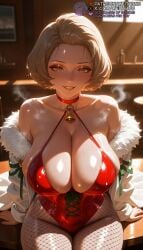 1girls ai_generated arm_support bare_shoulders bell blurry blurry_background blush breasts brown_eyes brown_hair choker cleavage coat collarbone eyeshadow female fire_emblem fire_emblem:_three_ho fire_emblem_heroes fishnet_pantyhose fishnets forehead fur-trimmed_coat fur-trimmed_jacket fur_trim grin hair_slicked_back highleg highleg_leotard huge_breasts indoors large_breasts leotard lips lipstick looking_at_viewer makeup manuela_casagranda mature_female meitabuu mole mole_on_breast mole_under_eye neck_bell off_shoulder pantyhose parted_lips red_choker red_leotard short_hair sitting sitting_on_tablemanuela_casagranda smile solo steaming_body sunlight sweat thighs white_coat