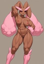 abs ai_art ai_generated anthro anthro_female armpits biceps bunny_ears bunny_girl female furry furry_female huge_breasts lopunny muscular_anthro muscular_female muscular_thighs nipples nude pink_eyes pink_fur pokemon pokemon_(species) pokemonjackr shiny_pokemon thick_thighs