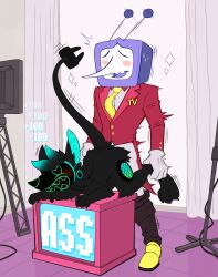 all_fours ankle_grab antenna_wire anthro ass ass_up backstage blush blush_lines bodily_fluids bottomwear bottomwear_down claws clothed clothing cord_tail curtains deltarune deltarune_chapter_3 duo electronics fatigue_(artist) for_a_head from_behind_position furry_robot gloves grabbing_from_behind handwear heart_eyes heart_symbol hi_res humanoid leg_grab male male/male malware_(wickedwhiskerz) motion_lines necktie object_head on_surface pants pants_down partially_clothed podium pointy_nose raised_tail screen screen_face screen_head selfship sex speaker standing_doggystyle suit suit_jacket sweat tail television tenna_(deltarune) tv_head undertale_(series) unknown_species yumeship