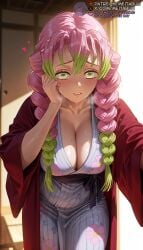 1girls ai_generated bath_yukata black_sash blush braid breasts cherry_blossom_print cleavage collarbone demon_slayer female floral_print gradient_hair green_eyes green_hair hand_on_own_cheek hand_on_own_face haori heart heavy_breathing indoors japanese_clothes kanroji_mitsuri kimetsu_no_yaiba kimono large_breasts leaning_forward long_hair long_sleeves looking_at_viewer meitabuu mole mole_on_breast mole_under_each_eye mole_under_eye multicolored_hair multiple_braids multiple_moles obi parted_lips pink_hair print_kimono sash sliding_doors smile solo striped_kimono sweat tri_braidskanroji_mitsuri twin_braids two-tone_hair vertical-striped_kimono wide_sleeves yukata