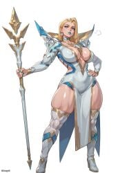 1girls 2025 ai_generated areolae_visible_through_clothing big_breasts blonde_hair blue_eyes breasts child_bearing_hips cleavage cosplay emma_frost emma_frost_(marvel_rivals) female female_only league_of_legends leblanc_(cosplay) marvel marvel_comics marvel_rivals noonyx sweat sweatdrop sweating thick_thighs
