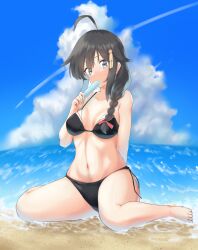 1girls ahoge antenna_hair bare_arms bare_belly bare_calves bare_chest bare_hands bare_hips bare_knees bare_legs bare_midriff bare_navel bare_shoulders bare_skin bare_thighs bare_toes barefoot beach belly belly_button bikini bikini_bottom bikini_only bikini_top black_bikini black_bikini_bottom black_bikini_top black_hair black_hair_female black_string_bikini black_swimsuit black_swimwear blue_eyes blue_eyes_female blue_sky braid braided_hair braided_ponytail breasts calves clouds coast collarbone day daylight daytime elbows exposed_arms exposed_belly exposed_chest exposed_hips exposed_legs exposed_midriff exposed_navel exposed_shoulders exposed_skin exposed_thighs exposed_toes feet female female_focus female_only fingers full_body groin hair_between_eyes hair_ribbon hair_tie halterneck high_resolution highres horizon hourglass_figure kantai_collection knees lanthan lean_figure legs long_hair looking_at_viewer medium_breasts midriff narrow_waist navel ocean outdoor outdoors outside ponytail popsicle ribbon sand sea seaside shigure_(kantai_collection) shoulders side-tie_bikini sitting sitting_on_ass sitting_on_floor sitting_on_ground sky slender_body slender_waist slim_waist solo string_bikini swimsuit swimwear thick_thighs thighs water wide_hips