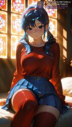 1girls ai_generated arms_at_sides belt belt_buckle black_eyes black_hair blue_hair blue_skirt blush breasts buckle closed_mouth collarbone earrings female hair_ornament hair_over_shoulder hair_scrunchie hairband indoors jewelry large_breasts light_rays lips long_hair long_sleeves looking_at_viewer low_twintails medium_breasts meitabuu miniskirt miside on_bed pleated_skirt red_hairband red_shirt red_sweater red_thighhighs scrunchie shirt shirt_tucked_in sitting skirt sleeves_past_wrists solo stained_glass sunlight sweater thighhighs thighs twintails window window_shademita_(miside) zettai_ryouiki