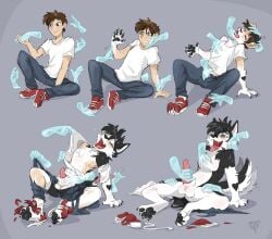 2025 4_toes 5_fingers after_transformation animal_genitalia animal_penis anthro arm_markings artist_logo assisted_exposure athletic athletic_anthro athletic_human athletic_male balls base_two_layout becoming_erect belly_rub black_body black_claws black_fur black_markings black_nose black_pawpads blue_eyes blush bottomwear brown_hair canid canine canine_genitalia canine_penis canis caressing caressing_arm caressing_face cheek_tuft chest_tuft claws closed_eyes clothed clothing clothing_scraps countershading crotch_fondling curious cute_fangs denim denim_bottomwear denim_clothing destroyed_clothing digital_drawing_(artwork) digital_media_(artwork) digitigrade disembodied_hand domestic_dog erection facial_tuft fangs feet finger_claws fingers fluffy fluffy_fur fluffy_tail fondling foot_grab footwear fur fur_growth genitals ghost_hand gloves_(marking) grade grey_background grope growth hair hair_to_fur hand_holding hand_on_arm hand_on_chest hand_on_face hand_on_foot hand_on_ground hand_on_head hand_on_penis hand_on_sheath hand_on_tail handjob happy head_back head_tuft heart_(marking) heavy_petting hi_res hiero_(hierohusky) human human_to_anthro husky imminent_transformation inner_ear_fluff jeans knot knotted_penis leaning leaning_backward lipsticking logo looking_at_hand looking_at_own_hand looking_pleasured male mammal markings masturbation mid_transformation motion_lines multicolored_body multicolored_fur narrowed_eyes neck_tuft nordic_sled_dog nude open_bottomwear open_clothing open_mouth open_pants pants partially_clothed pawpads paws penile penile_masturbation penis penis_grab petting pineconepaladin pink_penis pivoted_ears plant plantigrade_to_digitigrade retracted_sheath sequence sex shaded sharp_teeth sheath sheath_play shirt shocked shoe_burst shoes simple_background sitting smaller_version_at_source smile snout snout_growth solo solo_focus species_transformation spitz spread_legs spreading surprised t-shirt tail tail_grab tail_growth tail_motion tail_pull tailwag tearing_clothing teeth toe_claws toes tongue tongue_out topwear torn_bottomwear torn_clothing torn_jeans torn_pants torn_shirt torn_shoes torn_t-shirt torn_topwear transformation transformation_sequence tuft two_tone_body two_tone_fur underwear underwear_down undressing white_body white_fur wide_eyed worried