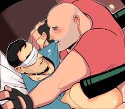 2boys anal anal_sex biting_clothes biting_shirt blindfold blindfolded blindfolded_male blood_on_mouth blush boots bottomless clothed_sex dockge gay gay_sex heavy_weapons_guy hickey hickey_marks interlocked_fingers male medic_(team_fortress_2) panting t-shirt team_fortress_2 tears
