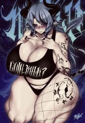 1girls :> alternate_costume asymmetrical_legwear bare_arms bare_legs bare_midriff bare_shoulders bare_thighs black_clothing black_highlights black_horn black_horns black_lipstick black_nail_polish black_nails black_ring black_tank_top black_topwear blue_background blue_eyes blue_hair blush blush_lines blushing_female breasts_bigger_than_head collar cow_ears cow_girl cow_horns ear_piercing ear_tag earrings embarrassed embarrassed_female eyebrow_piercing eyebrows_visible_through_hair female fingers_together furry_tail goth goth_girl heavy_blush huge_breasts huge_thighs indie_virtual_youtuber kneeling large_breasts looking_away miilkywayz mole mole_on_breast mole_on_thigh mole_under_mouth motion_lines ring sling_thong st41nn stockings sweat sweatdrop tank_top tattoo tattooed_arm tattoos thick_thighs touching_fingers virtual_youtuber vtuber wagging_tail writing