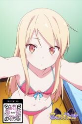 bed bikini blonde_hair blush breasts clavicle clothing female female front-tie_top littlehentai long_hair looking_at_viewer mashiro_shiina navel outstretched_arms pink_bikini red_eyes savitar savitar_(ai_generator) side-tie_bikini_bottom side-tie_clothing side-tie_swimsuit small_breasts solo swimsuit