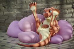 3d 3d_(artwork) anus blue_eyes claws digital_media_(artwork) female hi_res kobold lizard lying masturbation model on_back open_mouth pillow reptile ruby_(veo) scalie sitting slit vaginal_masturbation vaginal_penetration veo