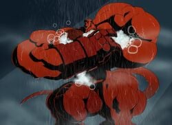 balls body_hair hairy hairy_chest hairy_male hellboy hellboy_(series) huge_balls huge_cock huge_muscles hyper_biceps hyper_muscles hyper_pecs low_res lowres male muscles penis shower soap tagme