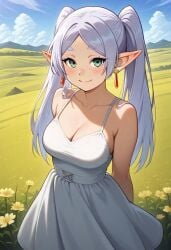 ai_generated clothed elf elf_ears elf_female frieren frieren_beyond_journey's_end grass looking_at_viewer needmymommy skirt wholesome wind