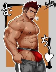 1boy abs arm_hair armpit_hair artist_name artist_signature balls balls_under_clothes balo bara bara_tits beard beard_stubble beefy biceps big_areola big_bulge big_pecs blue_eyes breath brown_areola brown_hair bulge bulge_through_clothing daddy dilf english_text exhaling gay gay_male genital_outline goatee grabbing_clothing happy_trail heart_symbol hi_res high_resolution hunk japanese_text looking_at_viewer male male_only manly mature_male muscles muscular muscular_arms muscular_legs muscular_male muscular_thighs no_sex original original_character pants_down pecs pubic_hair pubic_tuft pulling_clothing quadriceps red_underwear shaved_side shirtless shirtless_male short_hair side_view sideburns simple_background six_pack smiley_face solo solo_focus solo_male spiky_hair standing star sweat sweatdrop sweatpants tan_body tan_skin thick thick_arms thick_eyebrows thick_neck tight_clothing topless tough_guy triceps two_tone_hair white_border white_text yaoi