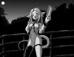 ? alien bottomless breasts burger character_request dialogue_box doodle_inset english_text female food forehead forest full_moon greyscale high_collar highres holding holding_tray long_hair long_sleeves long_tail looking_at_viewer medium_breasts momoiro_(momoiro_tosagare) monochrome moon nature navel night night_sky open_mouth outdoors pointy_ears pussy radio_antenna railing science_fiction shrimp sky solo standing star_(sky) starry_sky tail thick_eyebrows thighhighs thighs tray voices_of_the_void whiskers