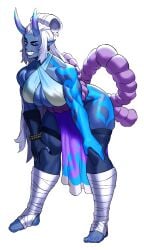 1girls absurd_res bandage bandaged_leg bent_over big_breasts blue_eyes blue_skin body_markings commission fangs female female_only grin grinning_at_viewer horns japanese_mythology looking_at_viewer muscular muscular_female oni oni_female oni_horns pointy_ears smiling smiling_at_viewer solo sotcho stockings white_background white_hair wink winking_at_viewer