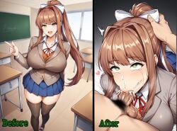 1boy 1girls ai_generated before_and_after blowjob brown_hair cum cum_in_mouth doki_doki_literature_club fellatio female female_focus green_eyes heart-shaped_pupils looking_pleasured loving_it male monika_(doki_doki_literature_club) ponytail school_uniform schoolgirl tears white_ribbon