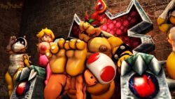 1girls 3d 4boys all_fours anthro armor big_breasts blonde_hair blue_eyes bowser breasts claws clothing dr.ivopingasnik feet female furry furry_male guards helmet horns human human_female humanoid humanoid_male indoors king koopa koopa_troopa large_breasts legs_on_back legwear light-skinned_female light-skinned_male light_skin looking_at_another male male_nipples mammal mario_(series) mature mature_female mature_male mushroom_humanoid nintendo nipples princess princess_peach reptile royalty scalie sitting sitting_on_throne slave throne toad_(mario)