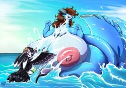 2025 3_fingers 4_ears 4_fingers absurd_res anthro areola avali avian big_areola big_breasts bikini black_body black_feathers black_tail black_wings blue_arms blue_body blue_hands blue_legs blue_skin blue_sky blue_water bottomless bottomless_anthro bottomless_female breasts brown_hair closed_eyes clothed clothing duo elavi_(elevig) extreme_size_difference feather_hair feathered_wings feathers female fingers fish flower flower_in_ear glistening glistening_breasts green_bikini green_bikini_top green_clothing green_underwear grey_pawpads hand_pawpads happy hi_res huge_breasts hyper hyper_breasts larger_anthro larger_female larger_nude lesang marine multi_ear nipples non-mammal_breasts nude nude_anthro nude_female one_eye_closed open_mouth partially_submerged pawpads pink_areola pink_nipples plant playful playful_splashing playing_in_water pseudo_hair purple_body purple_feathers purple_tail_tuft purple_wings red_eyes scuted_hands scutes shannon_shark shark sharp_teeth signature size_difference sky smaller_anthro smaller_female smile splash splashing_water tail tail_tuft teeth tuft underwear water white_body white_feathers white_hands white_skin winged_arms wings