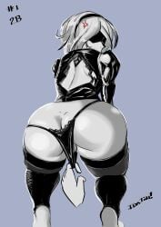 1girls ass ass_focus black_and_white black_panties blindfold butt_focus female idatoh nier nier:_automata nier_(series) panties panties_grab white_hair yorha_2b
