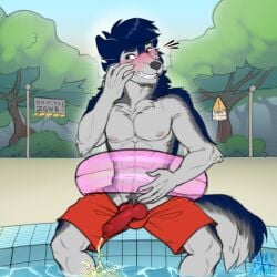 angry_platypus anthro bodily_fluids canid canine canine_penis canis domestic_dog genital_fluids hi_res humiliation knot male mammal omorashi peeing penis public solo urine watersports wetting wolf