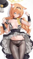 arms_up black_pantyhose blue_archive blush breasts_apart gluteal_fold hat_removed houkiboshi_(mmjw7432) looking_at_viewer mari_(blue_archive) mari_(idol)_(blue_archive) medium_breasts official_alternate_costume pantyhose seductive seductive_look sisterhood_(blue_archive) thigh_gap trinity_general_school_student