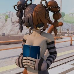 calico calico_cat calico_cat_humanoid calico_pattern covering_breasts female fortnite holding_object macu031 meow_skulls_(fortnite) nintendo_3ds outdoors outside shy shy_expression striped_arm_warmers striped_armwear yellow_eyes