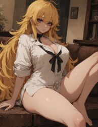 ahoge ai ai_art ai_generated ai_slop arm_support bangs barefoot black_bow black_choker blonde_hair blush bow bowtie breasts choker cleavage clothing collarbone collared_shirt couch dress_shirt feet female hair_between_eyes indoors knee_up kotozavrrex large_breasts legs long_hair looking_at_viewer messy_hair naked_shirt neck_ribbon no_pants on_couch parted_lips partially_unbuttoned picture_frame purple_eyes ribbon rwby shirt sitting sleeves_rolled_up solo thick_thighs thighs toes very_long_hair wavy_hair white_shirt yang_xiao_long