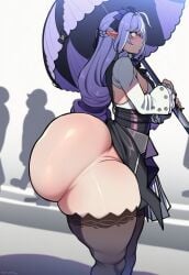 1girls ai_generated ass blush braided_hair breasts bubble_ass bubble_butt crown_braid dumptruck_ass female female_only hair_braid hair_ornament hair_ribbon large_ass light-skinned_female light_skin lilac_hair long_hair pale-skinned_female pale_skin parasol pointy_ears red_eyes small_breasts spankable_ass thick_thighs thighhighs umbrella vivian_(zenless_zone_zero) vivian_banshee vyakarana27 zenless_zone_zero