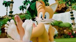 16:9 3d_(artwork) 5_toes anthro blush bodily_fluids canid canine cum cum_on_feet digital_media_(artwork) duo feet foot_fetish fox genital_fluids genitals hi_res humanoid_feet humanoid_genitalia humanoid_penis male male/male mammal palm_tree penis plant plantigrade sega sonic_the_hedgehog_(series) tails tails_the_fox toes tree twintails3d waterfall widescreen