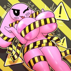 1:1 2025 anthro areola artist_name big_breasts biped black_sclera bodily_fluids breasts caution_sign digital_drawing_(artwork) digital_media_(artwork) emanata eyelashes female floppy_ears front_view genital_fluids genitals glistening glistening_breasts heart_symbol hi_res lagomorph leporid long_ears looking_at_viewer lop_ears mammal marshmallow_(oxyoxyoxyox) monotone_body mostly_nude mostly_nude_female navel one_eye_closed outline oxyoxyoxyox pink_body pussy rabbit solo stripes text thick_thighs three-quarter_view tongue tongue_out vaginal_fluids vulva white_eyes