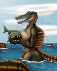1ambiguous 1girls ambiguous_gender anthro anthro_female aquatic dinosaur dinosaur_girl dinosaur_humanoid dunkleosteus female female_focus feral fish in_water jurassic_park_(franchise) jurassic_world muscular muscular_anthro muscular_arms muscular_female muscular_thighs reptile_humanoid sail_(anatomy) spinosaurid spinosaurus tagme