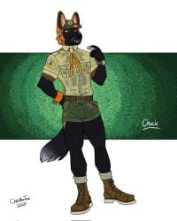 4:5 anthro bartek22 belt black_body black_fur boots bottomwear bulge chuck_(bartek22) clothing ears_up erection erection_under_clothing footwear fur holding_object holding_whistle hotpants male open_mouth orange_body orange_fur scout_uniform shoes shorts solo tail teeth teeth_showing whistle_(object) white_body white_fur