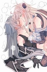 2girls blonde_hair blush breasts brown_necktie clothed_sex collared_dress dress duel_monster emptyayya female grey_hair head_steam highres implied_kiss implied_sex long_hair long_sleeves multiple_girls necktie red_eyes simple_background sky_striker_ace_-_raye sky_striker_ace_-_roze sweat two-tone_dress white_background yu-gi-oh! yuri
