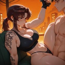 ai_generated annoyed_expression beretta bigbizarts black_lagoon curvy_female gun looking_at_another male/female missionary_position moaning muscular_male revy sports_bra thong