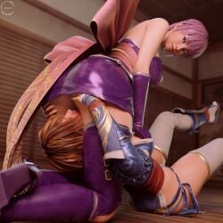 2girls ayane_(doa) brown_hair catfight dead_or_alive female fight fighting fighting_game japanese japanese_clothing japanese_female kasumi_(doa) ninja ninja_gaiden purple_hair sibling_rivalry siblings sisters tagme wafl4k