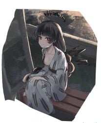 arknights black_hair energy_wings female halo japanese_clothes kemono nipple_slip no_bra one_breast_out virtuosa_(arknights) yukata