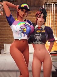 2girls 3d 3d_(artwork) beach_bomber belly big_breasts bottomless darkbahamuth female fortnite helsie_(fortnite) petite pinup teenage_girl teenager young