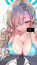 alternate_costume asuna_(blue_archive) bikini blue_archive blue_eyes blue_halo breast_press breasts cleavage female hair_over_one_eye halo halterneck highres kuse_0 large_breasts long_hair looking_at_viewer mole mole_on_breast pov sensei_(blue_archive) string_bikini swimsuit twitter_username