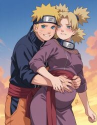 ai_generated blonde_hair clothed clothing couple female hand_on_belly headband male naruto naruto_(classic) naruto_(series) naruto_shippuden pregnancy pregnant pregnant_belly pregnant_female quad_tails sunset temari uzumaki_naruto